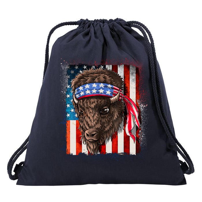 Funny Buffalo With American USA Flag Bandana Drawstring Bag