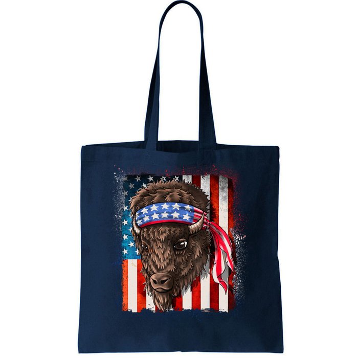 Funny Buffalo With American USA Flag Bandana Tote Bag