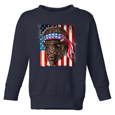 Funny Buffalo With American USA Flag Bandana Toddler Sweatshirt