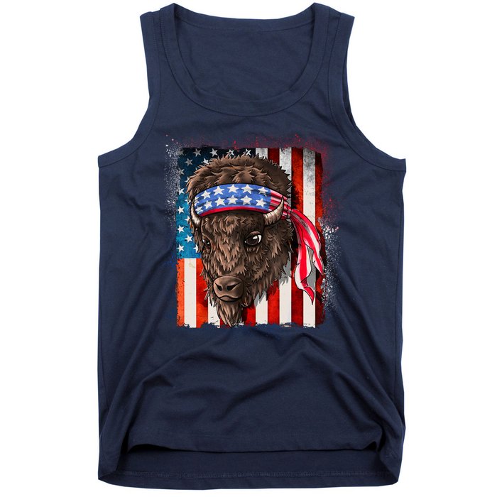 Funny Buffalo With American USA Flag Bandana Tank Top