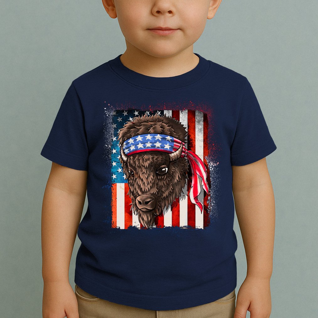 Funny Buffalo With American USA Flag Bandana Toddler T-Shirt