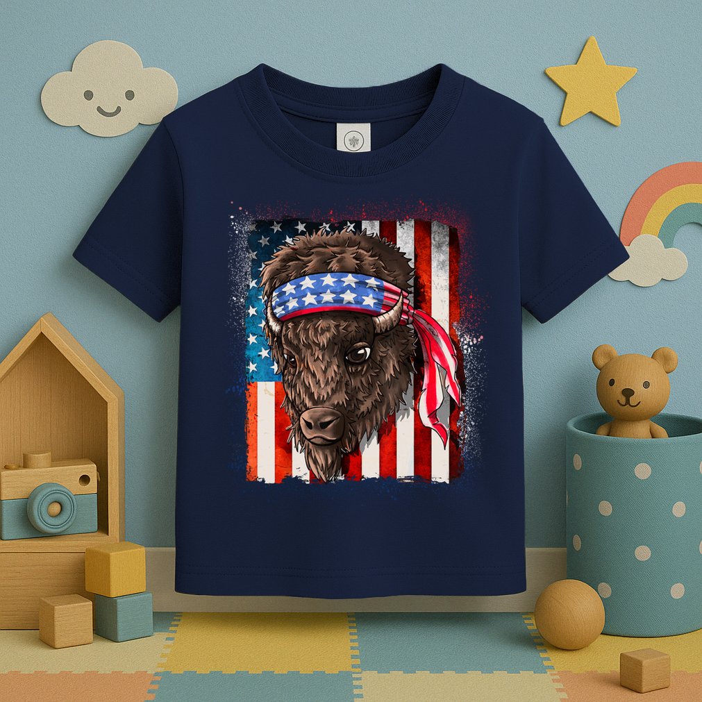 Funny Buffalo With American USA Flag Bandana Toddler T-Shirt