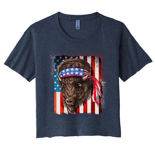 Funny Buffalo With American USA Flag Bandana Crop Top