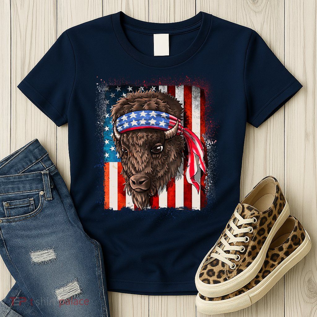 Funny Buffalo With American USA Flag Bandana Women's T-Shirt