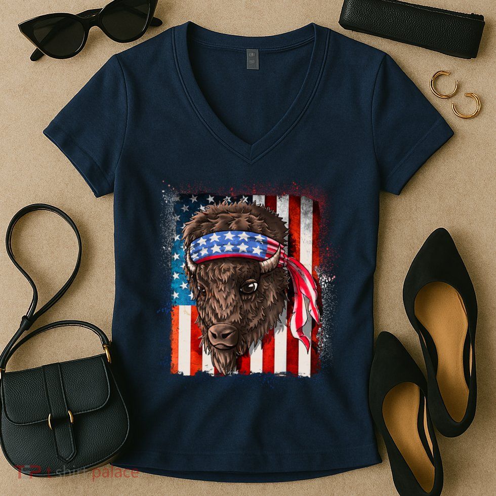 Funny Buffalo With American USA Flag Bandana Women's V-Neck T-Shirt