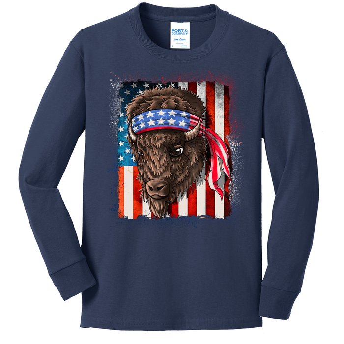 Funny Buffalo With American USA Flag Bandana Kids Long Sleeve Shirt