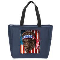 Funny Buffalo With American USA Flag Bandana Zip Tote Bag