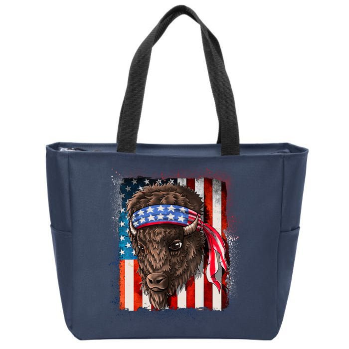 Funny Buffalo With American USA Flag Bandana Zip Tote Bag