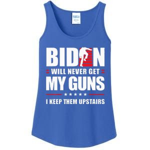 Funny Biden Will Never Get My Guns I keep them Upstairs  Ladies Essential Tank