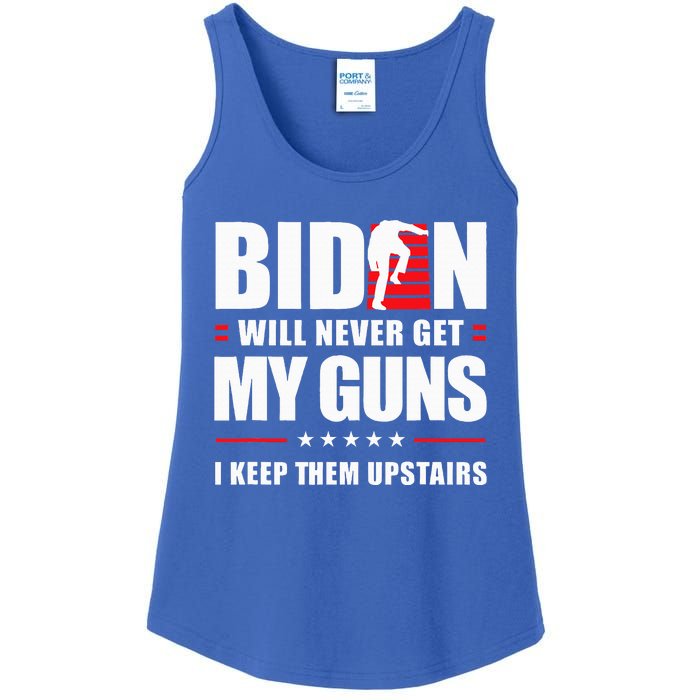 Funny Biden Will Never Get My Guns I keep them Upstairs  Ladies Essential Tank