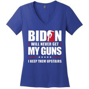 Funny Biden Will Never Get My Guns I keep them Upstairs  Women's V-Neck T-Shirt