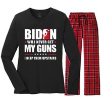 Funny Biden Will Never Get My Guns I Keep Them Upstairs Women's Long Sleeve Flannel Pajama Set 