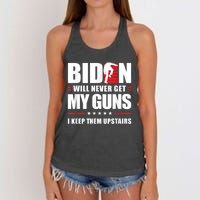 Funny Biden Will Never Get My Guns I Keep Them Upstairs Women's Knotted Racerback Tank