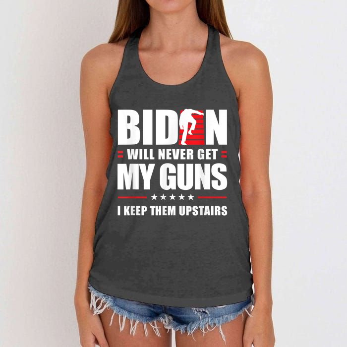 Funny Biden Will Never Get My Guns I Keep Them Upstairs Women's Knotted Racerback Tank