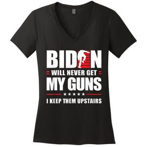 Funny Biden Will Never Get My Guns I Keep Them Upstairs Women's V-Neck T-Shirt