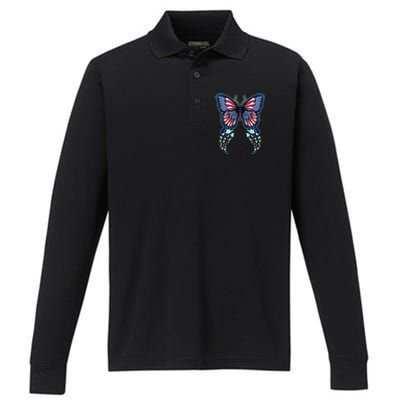 Funny Butterfly With Usa Flag American Patriotic 4th Of July Great Gift Performance Long Sleeve Polo