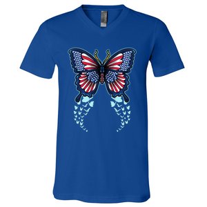 Funny Butterfly With Usa Flag American Patriotic 4th Of July Great Gift V-Neck T-Shirt