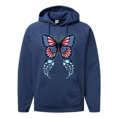 Funny Butterfly With Usa Flag American Patriotic 4th Of July Great Gift Performance Fleece Hoodie