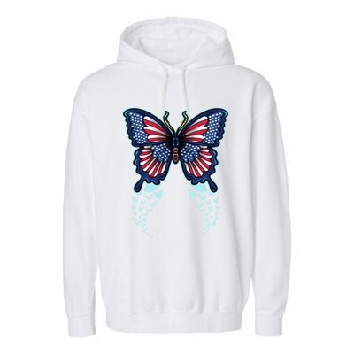 Funny Butterfly With Usa Flag American Patriotic 4th Of July Great Gift Garment-Dyed Fleece Hoodie