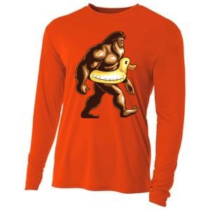 Funny Bigfoot Wearing Duck Floater Cooling Performance Long Sleeve Crew