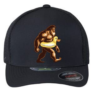 Funny Bigfoot Wearing Duck Floater Flexfit Unipanel Trucker Cap