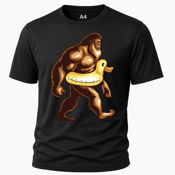 Funny Bigfoot Wearing Duck Floater Cooling Performance Crew T-Shirt