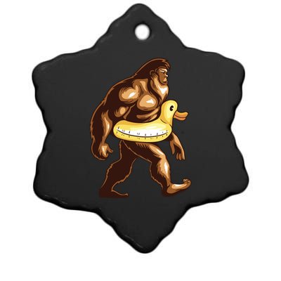 Funny Bigfoot Wearing Duck Floater Ceramic Star Ornament