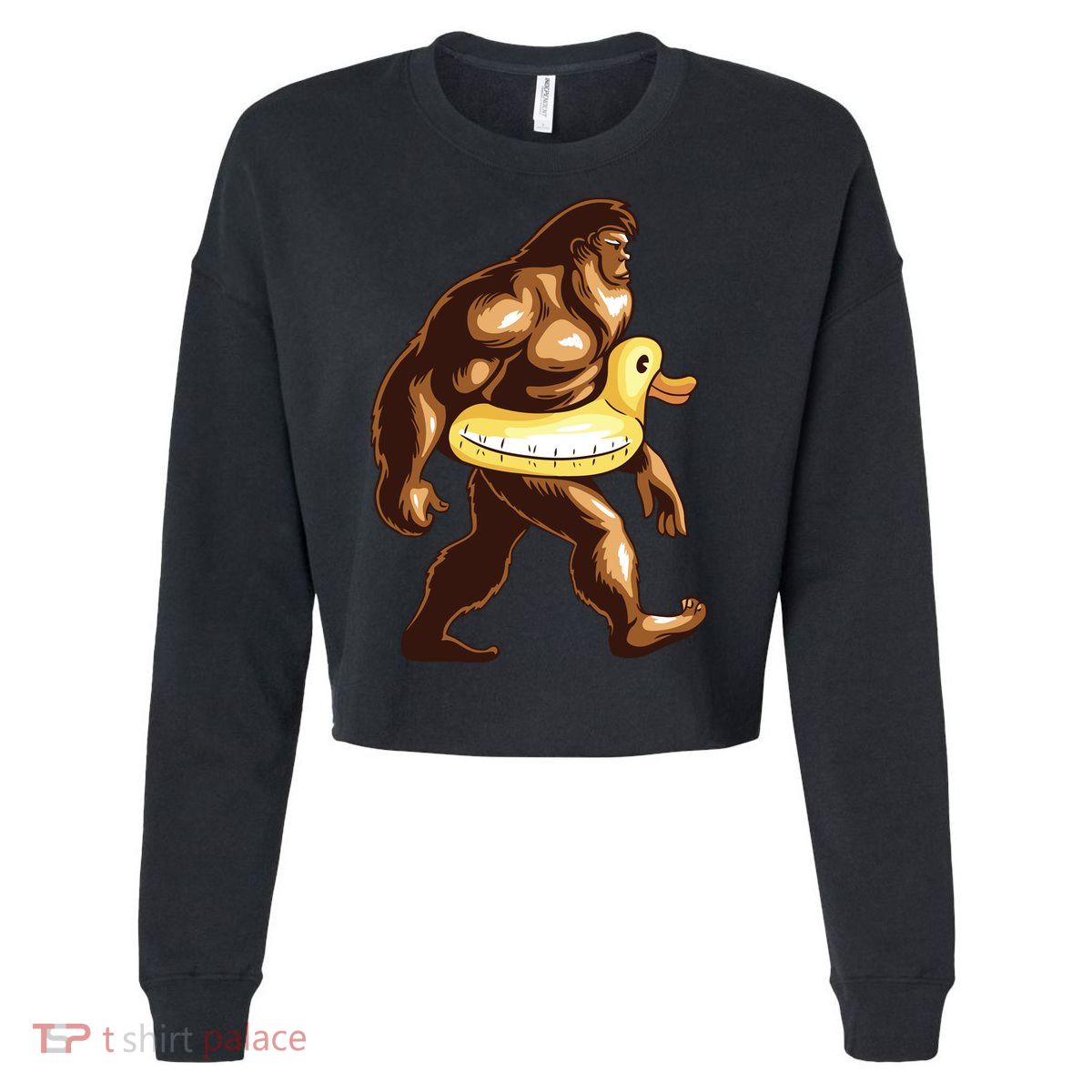 Funny Bigfoot Wearing Duck Floater Cropped Pullover Crew