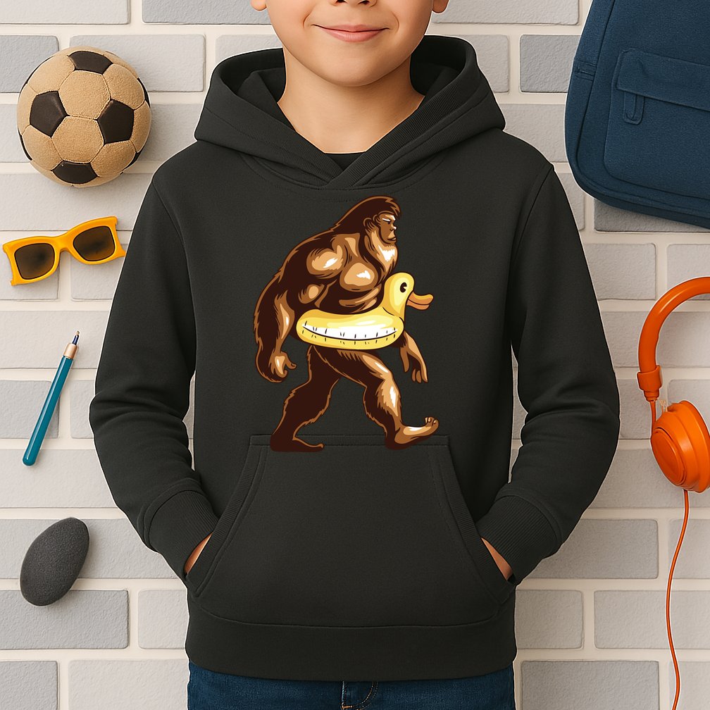 Funny Bigfoot Wearing Duck Floater Kids Hoodie