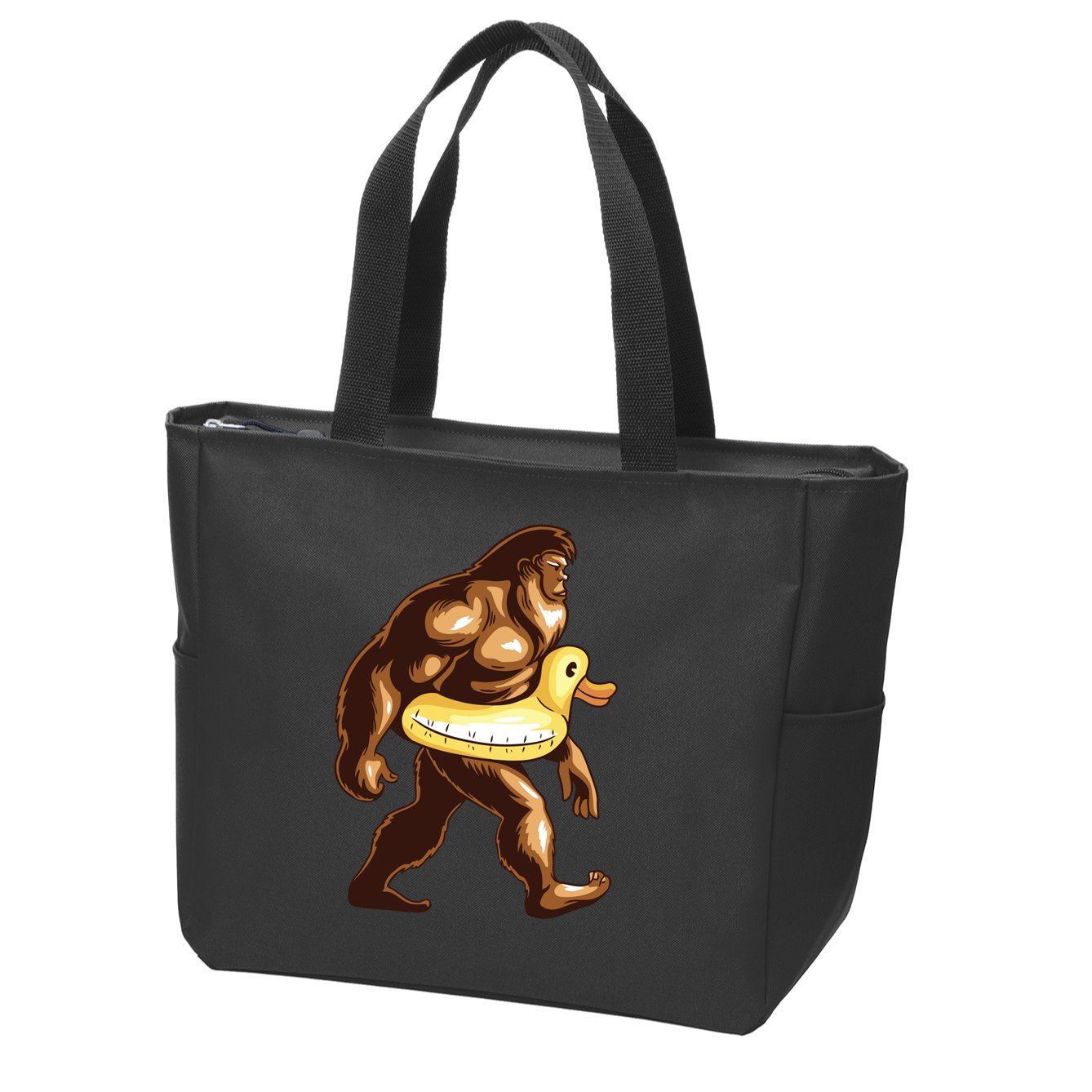 Funny Bigfoot Wearing Duck Floater Zip Tote Bag
