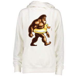 Funny Bigfoot Wearing Duck Floater Womens Funnel Neck Pullover Hood