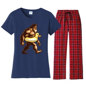 Funny Bigfoot Wearing Duck Floater Women's Flannel Pajama Set