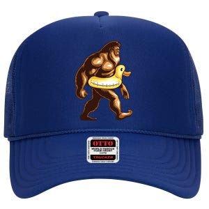 Funny Bigfoot Wearing Duck Floater High Crown Mesh Back Trucker Hat