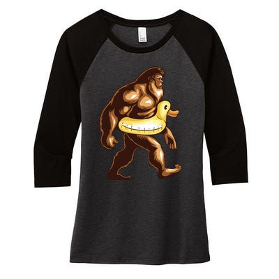 Funny Bigfoot Wearing Duck Floater Women's Tri-Blend 3/4-Sleeve Raglan Shirt