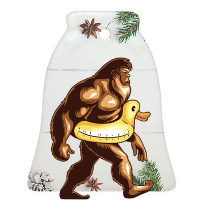 Funny Bigfoot Wearing Duck Floater Ceramic Bell Ornament