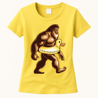 Funny Bigfoot Wearing Duck Floater Womens T-Shirt