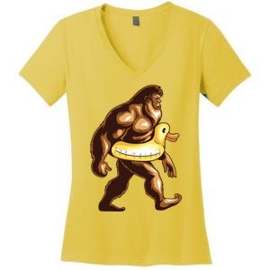 Funny Bigfoot Wearing Duck Floater Women's V-Neck T-Shirt