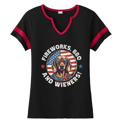 Fireworks BBQ & wieners Funny Weiner Dog July 4th Dachshund Ladies Halftime Notch Neck Tee