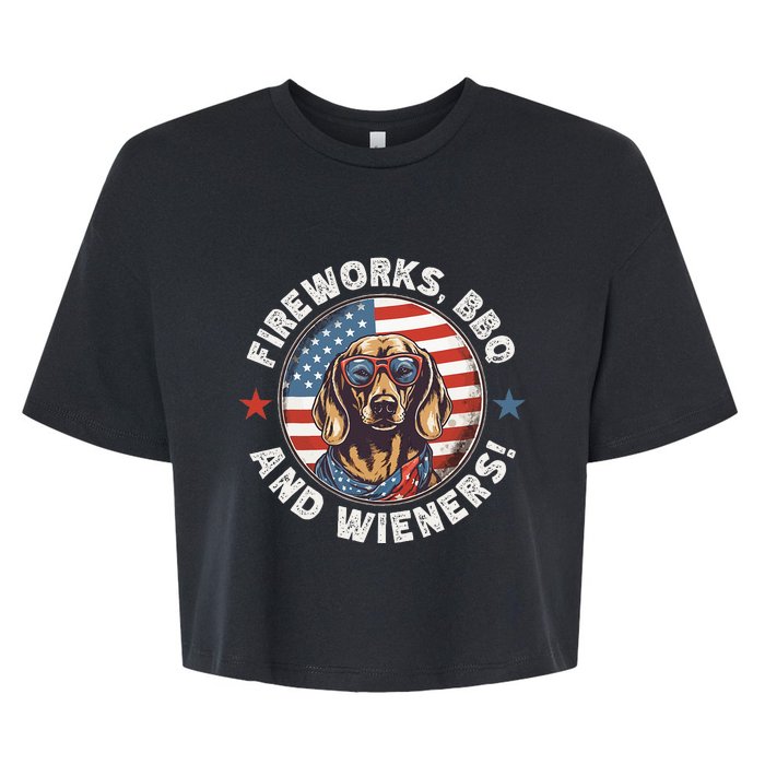 Fireworks BBQ & wieners Funny Weiner Dog July 4th Dachshund Bella+Canvas Jersey Crop Tee