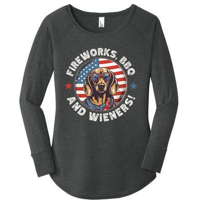 Fireworks BBQ & wieners Funny Weiner Dog July 4th Dachshund Women's Perfect Tri Tunic Long Sleeve Shirt