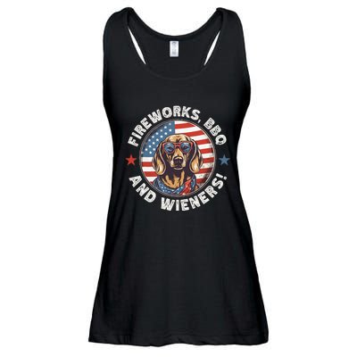 Fireworks BBQ & wieners Funny Weiner Dog July 4th Dachshund Ladies Essential Flowy Tank