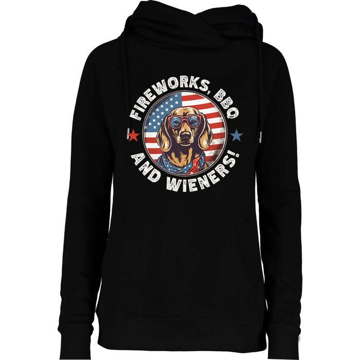 Fireworks BBQ & wieners Funny Weiner Dog July 4th Dachshund Womens Funnel Neck Pullover Hood