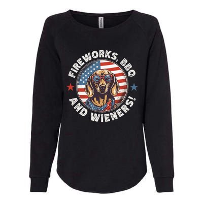 Fireworks BBQ & wieners Funny Weiner Dog July 4th Dachshund Womens California Wash Sweatshirt