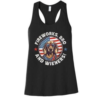 Fireworks BBQ & wieners Funny Weiner Dog July 4th Dachshund Women's Racerback Tank