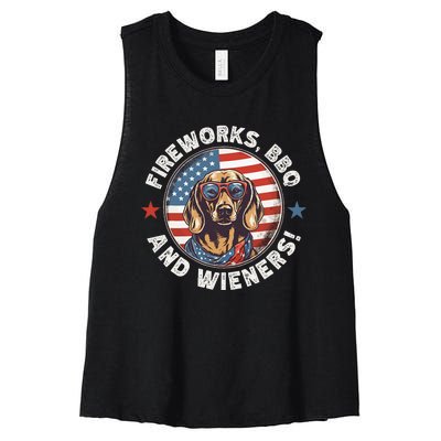 Fireworks BBQ & wieners Funny Weiner Dog July 4th Dachshund Women's Racerback Cropped Tank