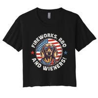 Fireworks BBQ & wieners Funny Weiner Dog July 4th Dachshund Women's Crop Top Tee