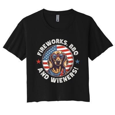 Fireworks BBQ & wieners Funny Weiner Dog July 4th Dachshund Women's Crop Top Tee