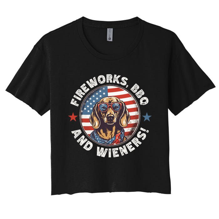 Fireworks BBQ & wieners Funny Weiner Dog July 4th Dachshund Women's Crop Top Tee