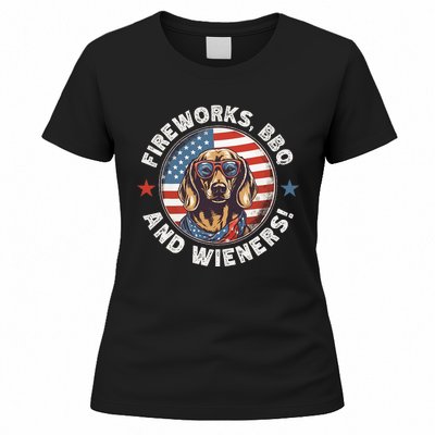 Fireworks BBQ & wieners Funny Weiner Dog July 4th Dachshund Women's T-Shirt