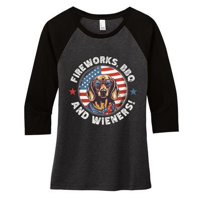 Fireworks BBQ & wieners Funny Weiner Dog July 4th Dachshund Women's Tri-Blend 3/4-Sleeve Raglan Shirt